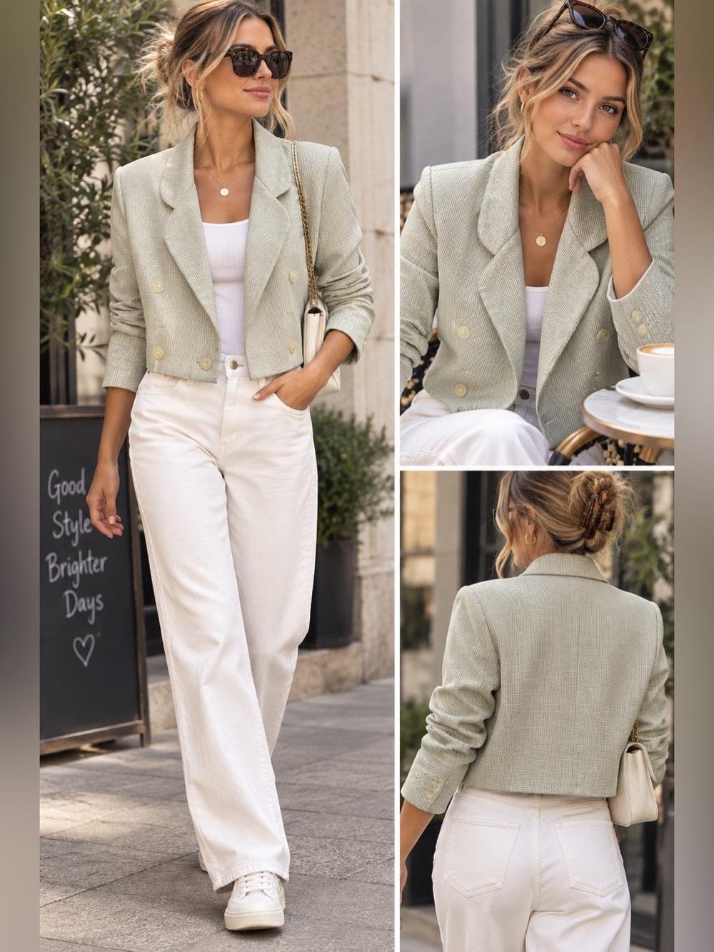 Cropped Double-Breasted Sage Green Blazer Jacket